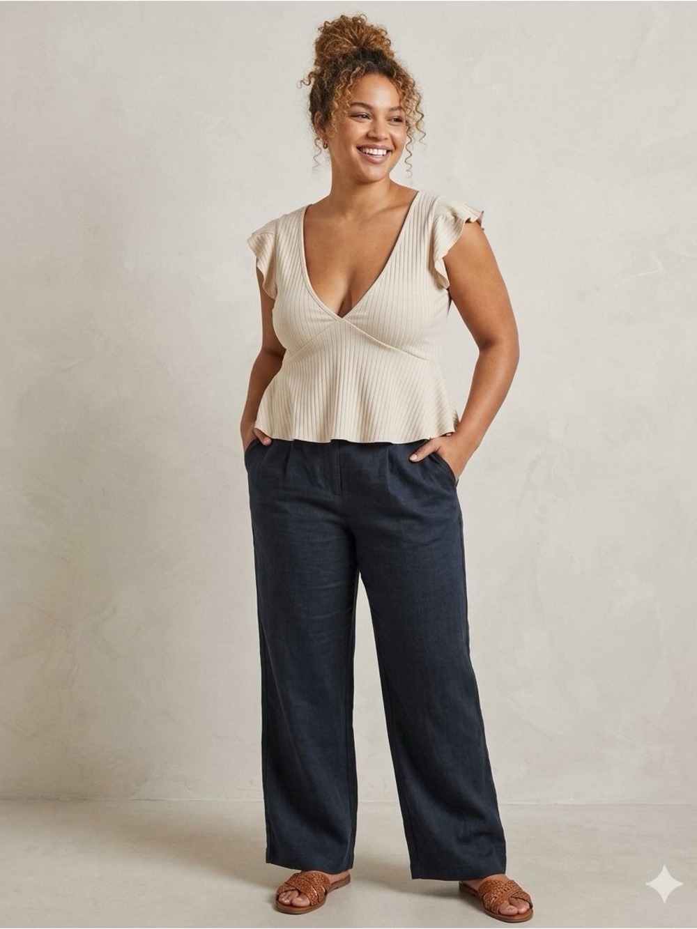 Forever 21 V-Neck Peplum Crop Top Cream Tan Women Size Large Y2K Prep Indie Cute